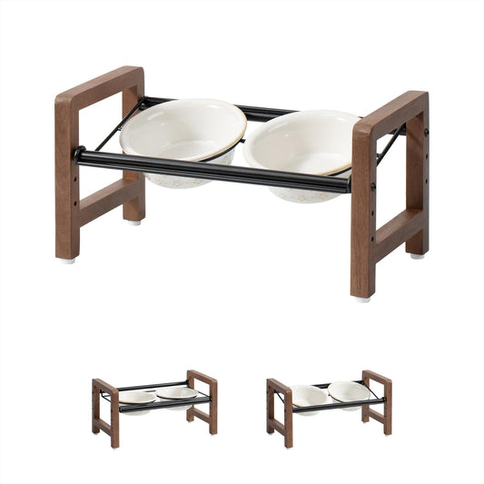 5.5inch Ceramic Adjustable Raised Double Bowls Set with Stand, 3 Heights Elevated, 2 Placement Options,Food and Water Dishes for Puppy, Cats（Double Bowls+Stand, Reactived Glaze -White