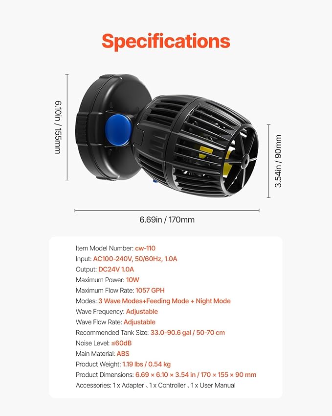 VEVOR Aquarium Wave Maker, 10W, 1057 GPH Quiet and Strong DC Powerhead, Adjustable Fish Tank Circulation Pump with Controller, Strong Magnetic Base, 360° Rotating Wavemaker, for Freshwater Saltwater