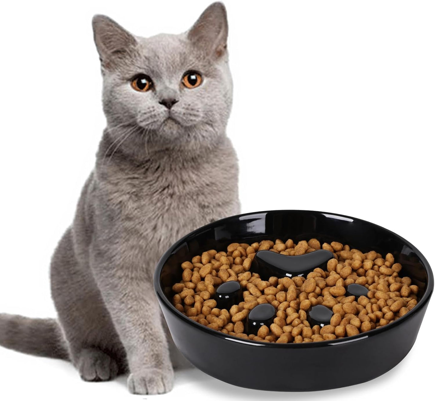 Slow Feeder Cat Bowls, Ceramic Fun Slow Eater Bowl for Cats (Black)