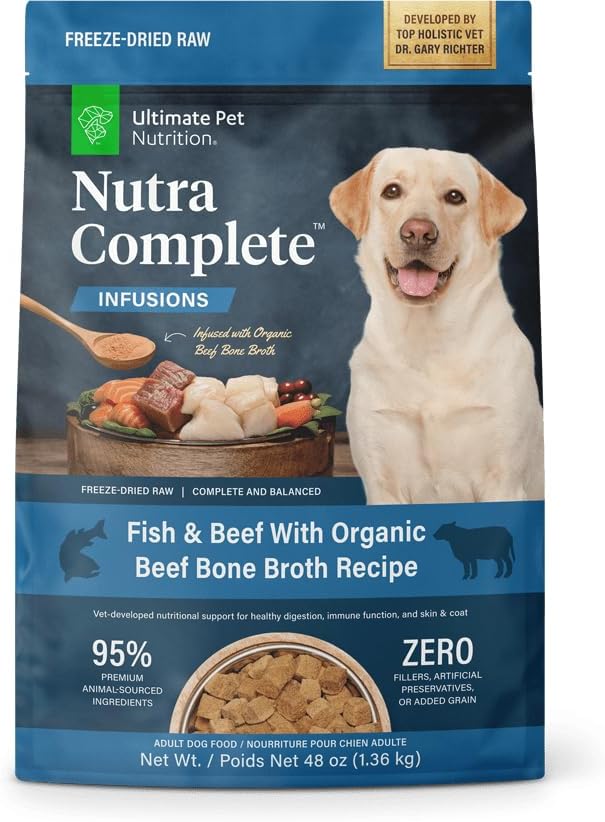 ULTIMATE PET NUTRITION Nutra Complete Bone Broth Infusions, 100% Freeze Dried Raw Veterinarian Formulated Dog Food with Antioxidants Prebiotics and Amino Acids, (3 Pound, Bone Broth Fish)