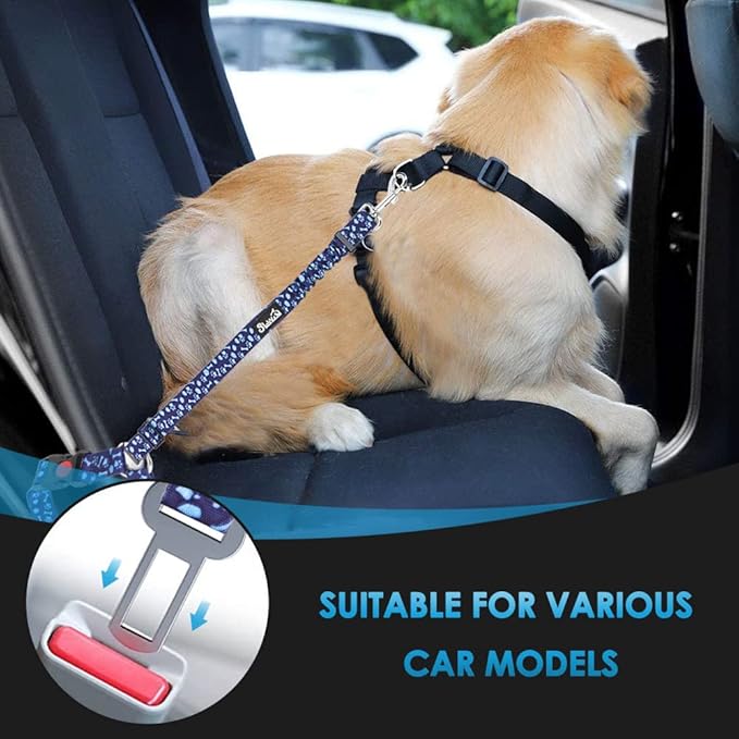 SlowTon Dog Seat Belt for Car, 2 Pack Dog Car Harness Seatbelt Adjustable with Elastic Bungee Buffer, 2 in 1 Pet Car Leash Headrest Restraint Dog Reflective Safety Tether (Blue Paw, Headrest+Clip)