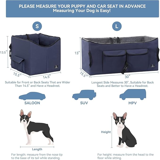 A 4 Pet Dog Car Seat for Medium/Large Dog or 2 Small Dogs, Booster Car Seat with Storage Bags and 2 Seat Belts, Pet Seat for Dogs Under 55 lbs