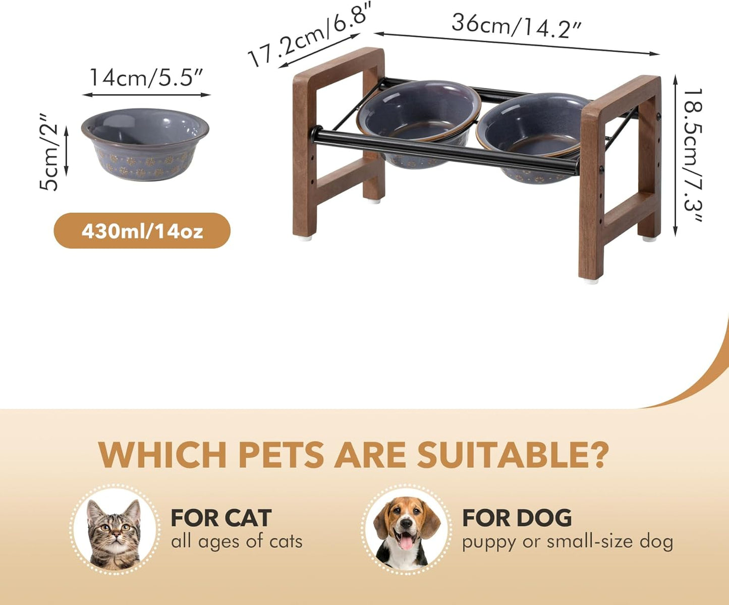 5.5inch Ceramic Adjustable Raised Double Bowls Set with Stand, 3 Heights Elevated, 2 Placement Options, Food and Water Dishes for Puppy, Cats（Double Bowls+Stand, Reactived Glaze -Grey
