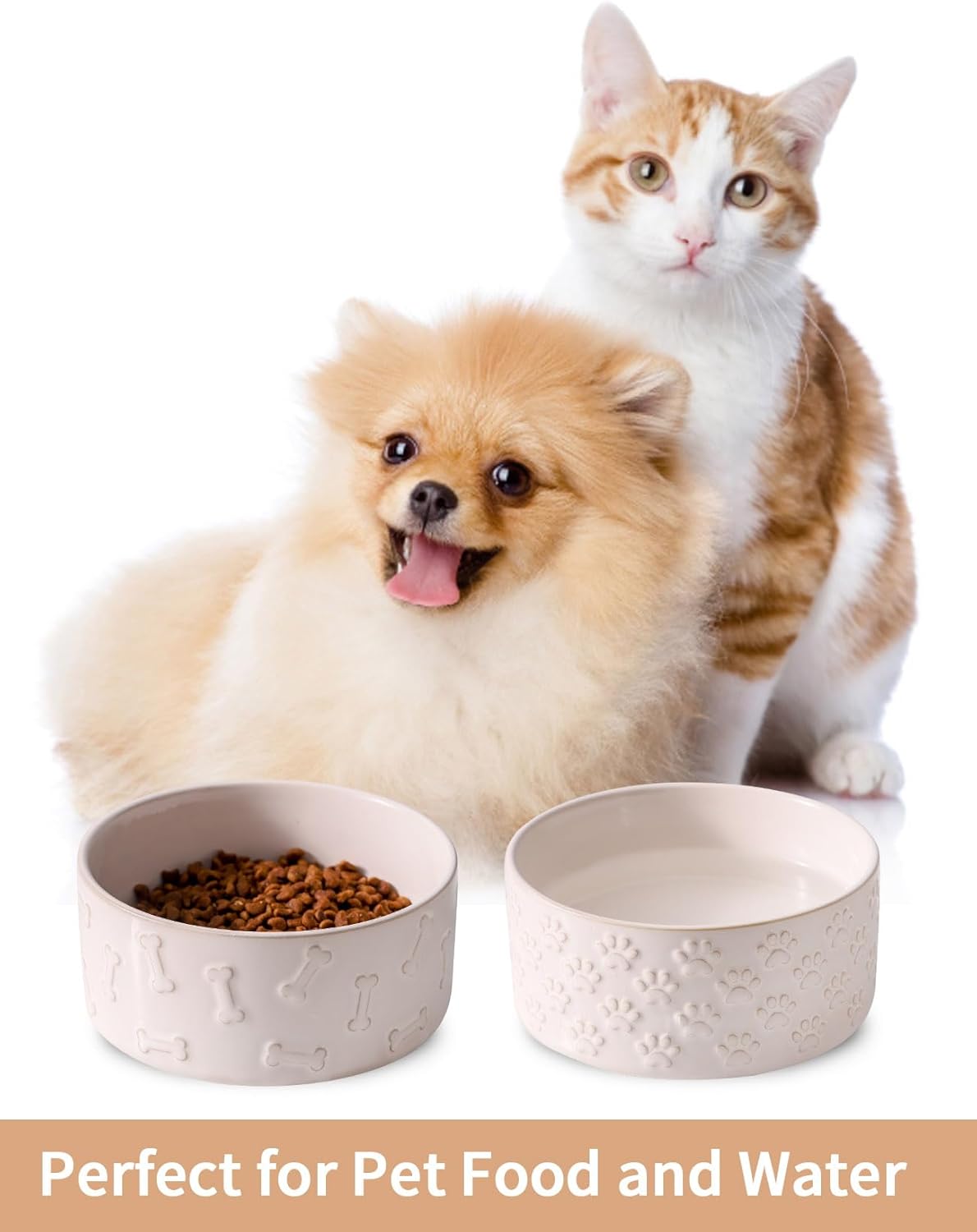 UBEE Ceramic Dog Bowl Set of 2, 5.1 inch Dog Food Bowl Dish with Bone or Paw Pattern, Pet Food Water Dish Feeding for Small Dogs and Large Cat, White