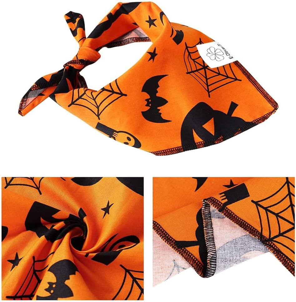 E-Clover Halloween Dog Bandanas & Matching Scrunchie Set Pumpkin Dog Bandana Triangle Pet Bibs Scarf Outfit for Small Medium Large Dogs Owner Orange Fall