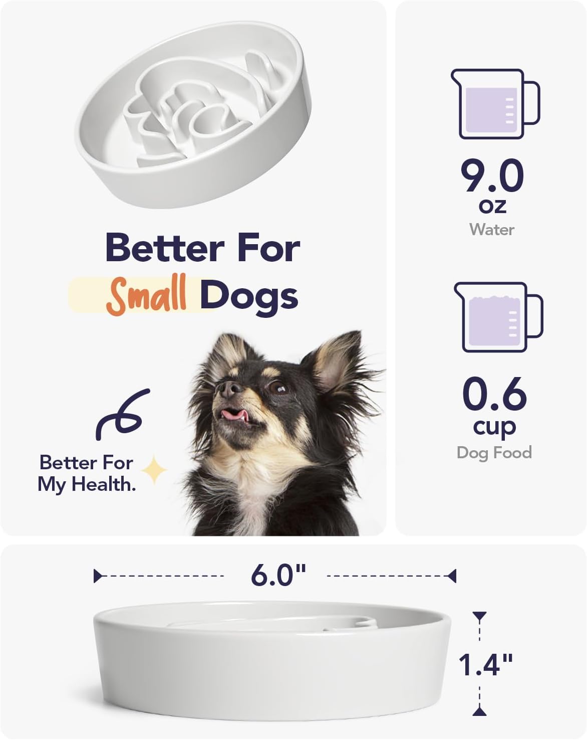 LE TAUCI Ceramic Slow Feeder Dog Bowls Small Breed, 0.6 Cups Dog Food Dish for Fast Eaters, Puzzle Bowl for Small Dogs and Cats,Angle White