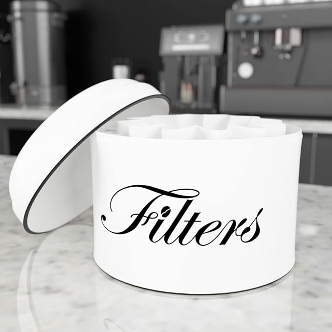 Coffee Filter Holder, White Basket Coffee Filter Storage with Lid, Round CoffeeFilter Container for Counter, Rustic Farmhouse Coffee Bar Accessories Decor (White)