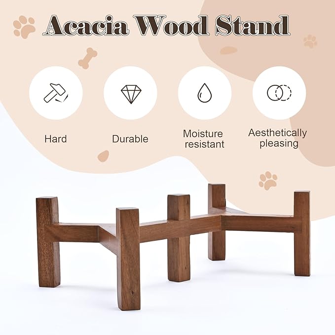 SPUNKYJUNKY Ceramic Dog Bowls with Acacia Wood Stand - Raised Dog Food and Water Bowl Set for Medium Dogs (28.74 OZ, Gray)