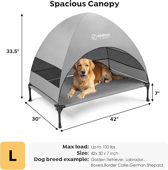Veehoo Outdoor Dog Bed with Canopy, Cooling Elevated Pet Cot with Removable Shade, Non-Slip Feet, Raised Dog Cot for Large Dogs, Pet Tent Bed for Camping, Beach, Large, Grey, CWC2411