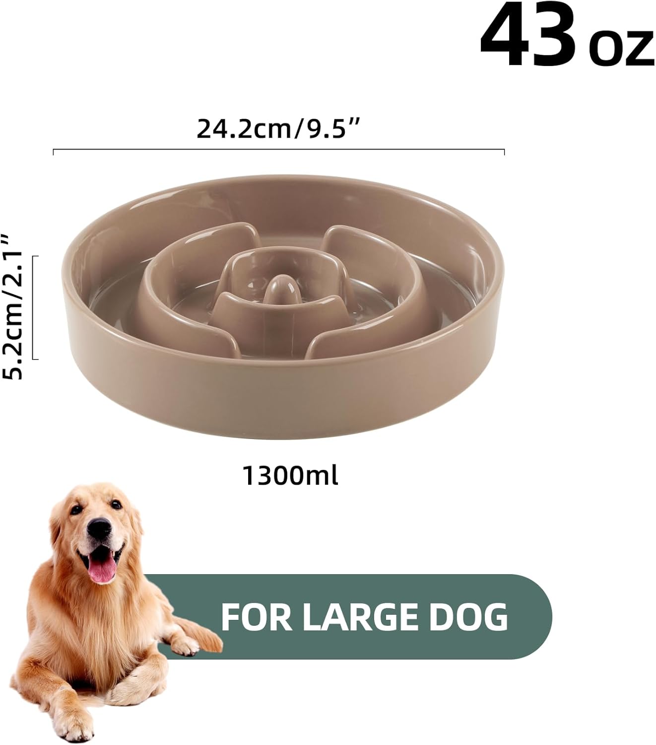 9.5inch Ceramic Slow Feeder Dog Bowl for Large Dog, Puzzle Dish, Anti-Gulping, Pet Slow Feeder, Stop Bloat, Preventing Choking (Single Bowl-Brown Coffee)