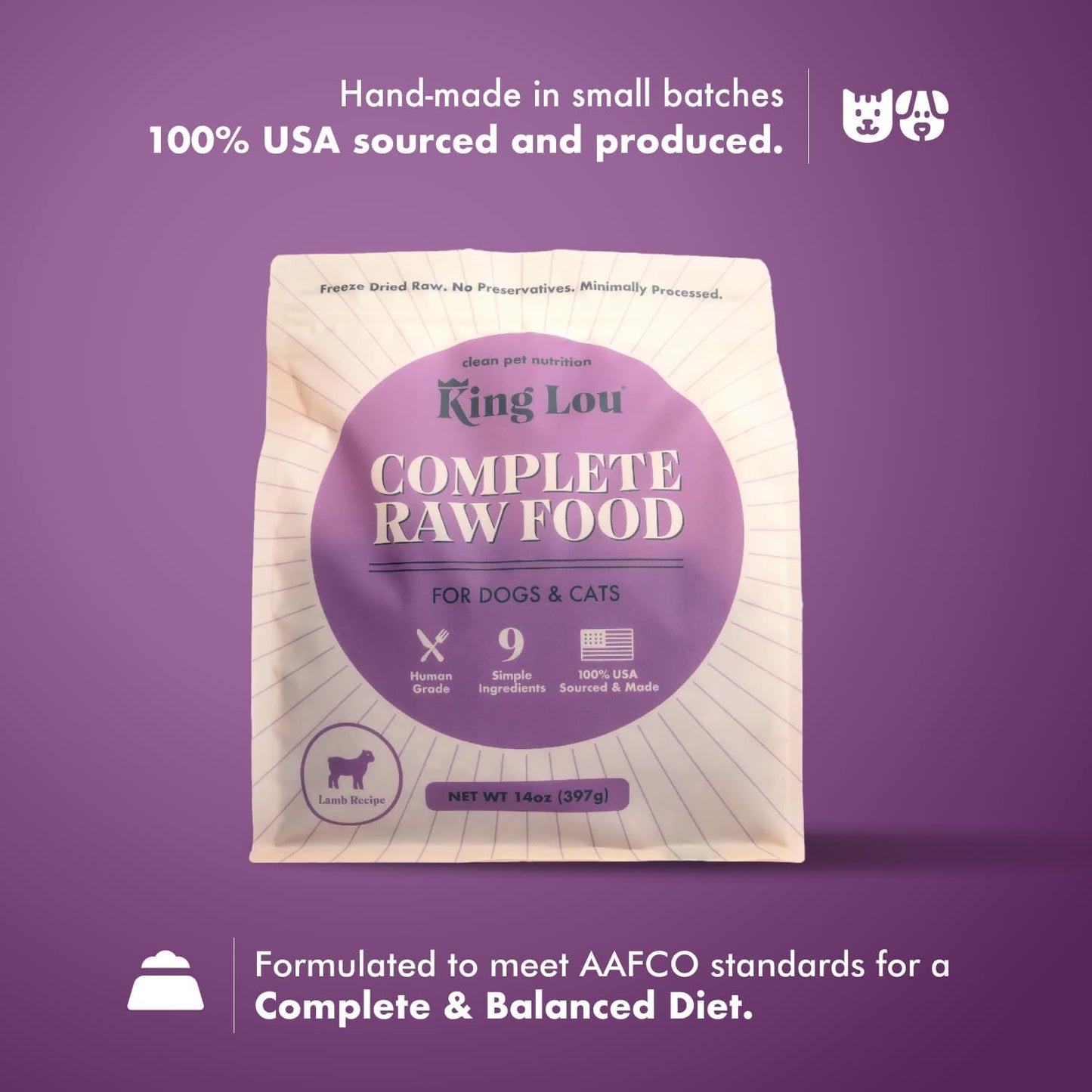 King Lou Pets - Human Grade Raw Food for Dogs and Cats - Complete Meal for Pets - Freeze Dried Lamb Recipe - 14oz