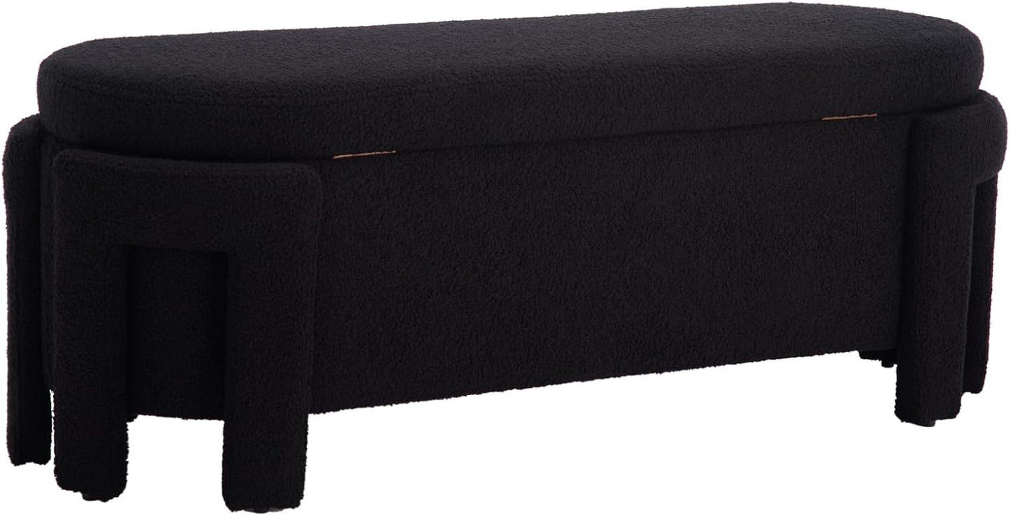 Modern Upholstered Storage Bench, Sherpa Fabric 50" Long Entryway Bench with Storage and Seating, Comfy Cute Ottoman Bench for Living Room/End of Bed/Hallway, Black