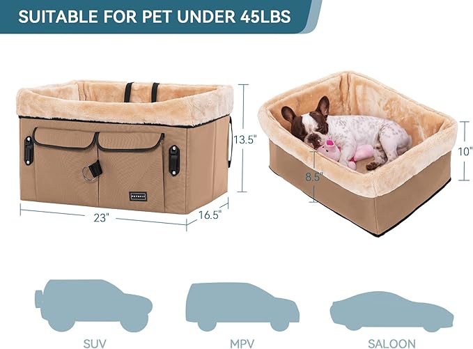 Petsfit Dog Booster Car Seat for Medium Dog or 2 Small Dogs with Patent Buckles, Washable Pad, Upgraded Pet Car Seat for Dogs Up to 45 lbs (Medium, Tan)