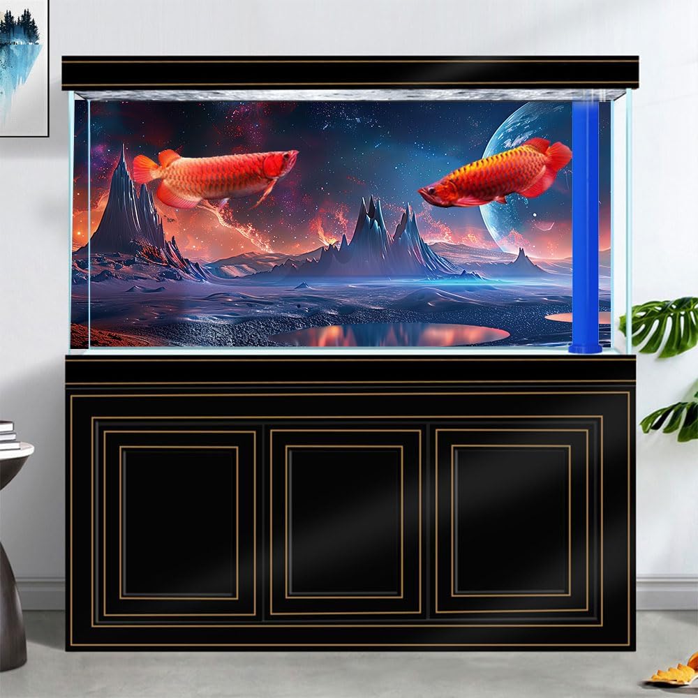 Scarlet Cosmic Aquarium Background,Cool Galaxy Parallel Space Themed Fish Tank Background, Tropical Desert Terrarium Background 36X20IN with 8 EVA Double-Sided Tape