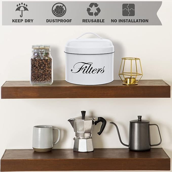 Coffee Filter Holder, White Basket Coffee Filter Storage with Lid, Round CoffeeFilter Container for Counter, Rustic Farmhouse Coffee Bar Accessories Decor (White)