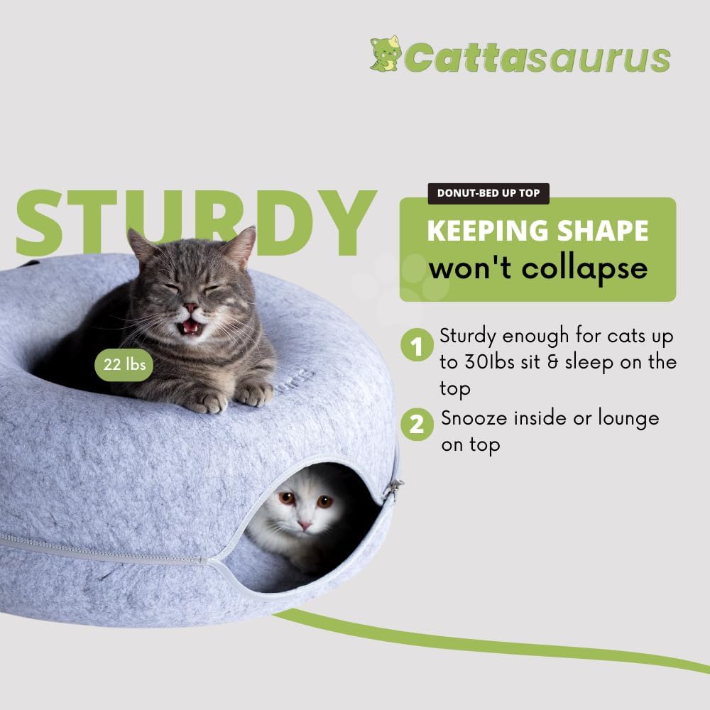 CATTASAURUS Peekaboo Cat Cave for Multiple & Large Cats Up to 30-45 Lbs, Scratch Detachable & Washable Tunnel Bed, Comfy Donut Cat Cave (Light Gray + Light Gray, Large)