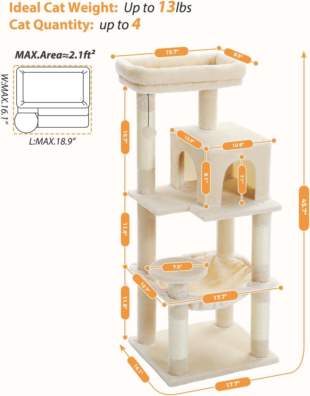 PETEPELA 45.7" Cat Tree for Indoor Cats, 5-Level Cat Tower for Large Cats with Metal Frame Large Hammock (17.3"x15.3"), Cat Condo with (18.5"x13") Big Top Perch & 4 Sisal Covered Scratching Post Beige