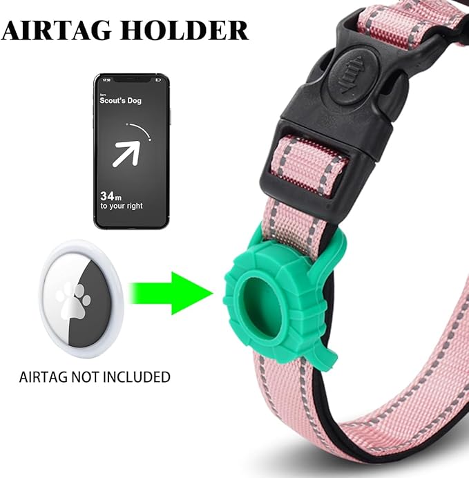 JSXD AirTag Dog Collar, Night Reflective Nylon Dog Collar for Small Medium Large Dogs,Lockable Quick Release Buckle,Padded Breathable Pet Collar with AirTag Holder (Pink, Large)