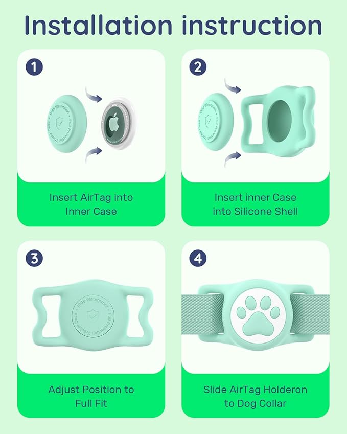IP68 Waterpoof Dog Airtag Holder, Stretchy Silicone Full Body Covered Apple Air Tag Holder for Dog Cat Collar Fit All Width Collar (Black/Green/Blue/Pink, 4 Pack)