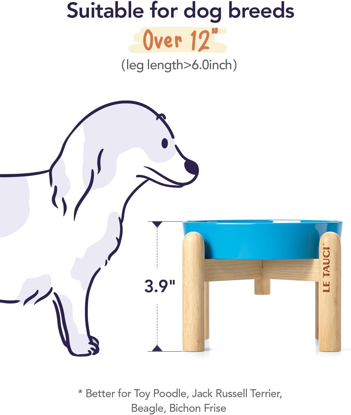 LE TAUCI Ceramic Slow Feed Dog Bowls, Elevated for Small Breeds, 6 inch, Blue, Non-slip