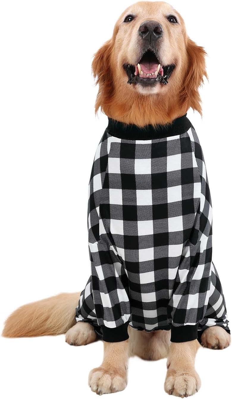 HDE Dog Pajamas One Piece Jammies Jumpsuit Pet Clothes Outfit Stretchy Lightweight Comfy Shirt Pjs for M-3XL Dogs Black & White Buffalo Plaid - 2XL