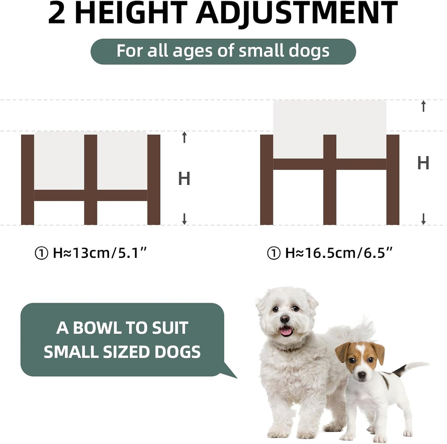 6.1inch Ceramic Raised Double Bowls Set with Acacia Wood Stand, 2 Heights Elevated, Food & Water Bowls for Small Breed Dogs, Weighted Dog Dishes, Pet Bowl(27oz, Arctic White)
