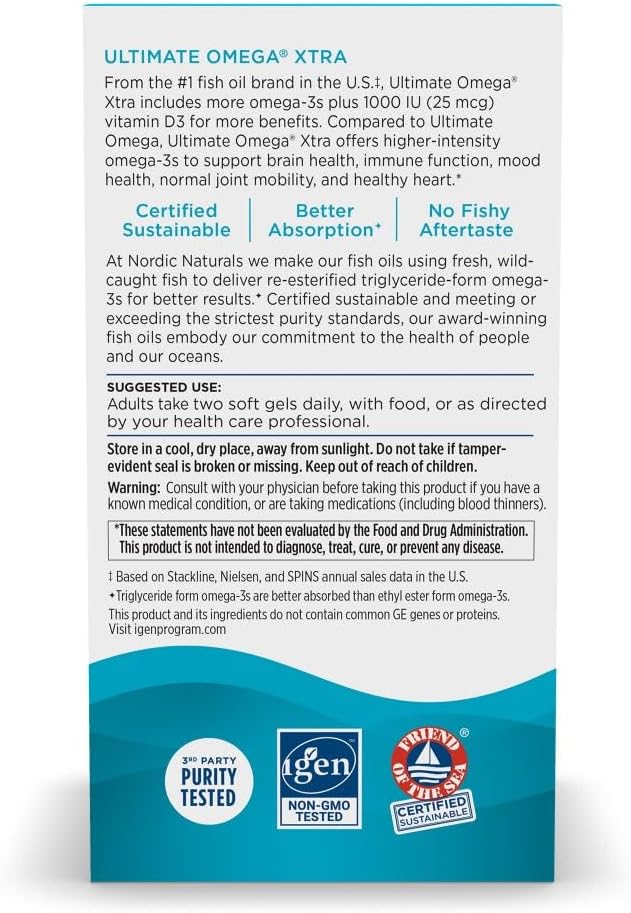 Nordic Naturals Ultimate Omega Xtra, Lemon Flavor - 60 Soft Gels - 1480 mg Omega-3 + 1000 IU Vitamin D3 - EPA & DHA - Brain, Heart, & Immune Health - 30 Servings