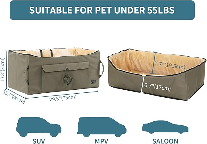 Petsfit Dog Booster Seat for 2 Small Dogs or Medium Dog up to 55 lbs, Large Dog Car Seat with 2 Big Pockets for Cars, Trucks and SUVs (Large, Brown)