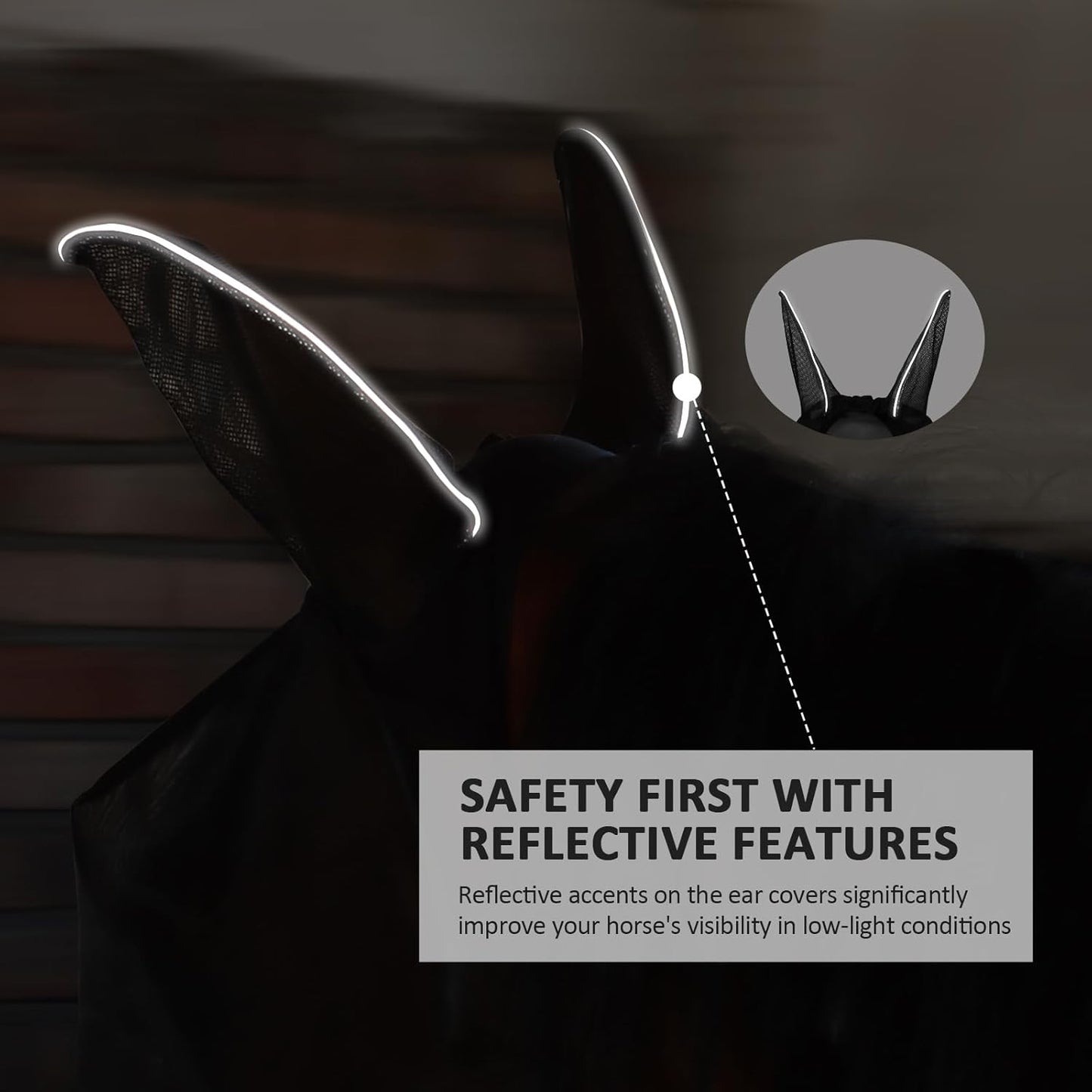 Horse Fly Mask Large Space Breathable UV Protection Equine Mask with Reflective Features on Ears Mars Black L