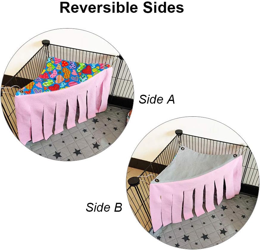 RIOUSSI Guinea Pig Hideout Hideaway Corner Fleece Toys Cage Accessories with Reversible Sides, Heart/Gray+Pink x 1 Curtain