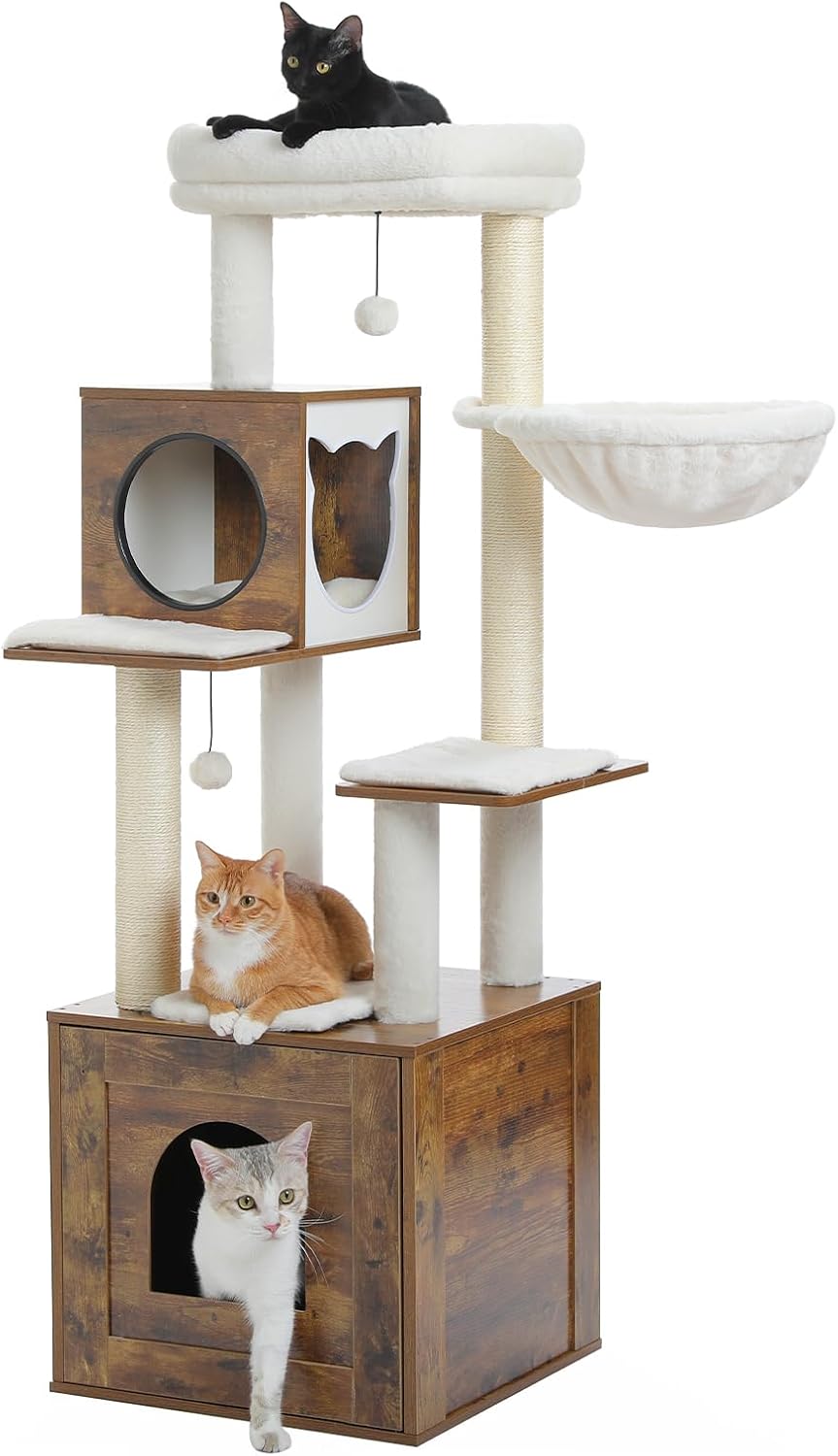 Tall Cat Tree with Litter Box Enclosure 57.5" Wooden Cat Tower for Large Cats with Cat Hammock House Bed (Wood Walnut)