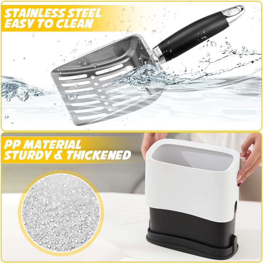 Cat Litter Scooper with Holder, Stainless Steel Cat Litter Scoop, Kitty Poop Scooper Stand for Litter Box, Cat Caddy for Litter Scoop, Fast Sifting Kitty Poop Scooper Caddy Poop Scooper Stand