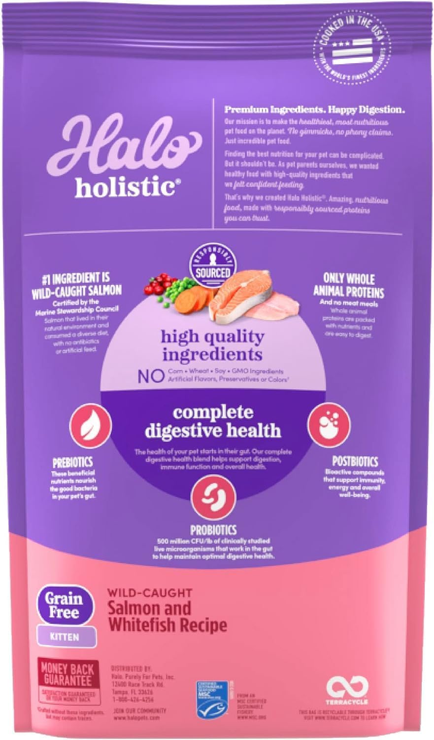 Halo Holistic Kitten Food, Wild Caught Salmon & Whitefish Recipe, Grain Free Dry Cat Food, Complete Digestive Health, 10 lb Bag