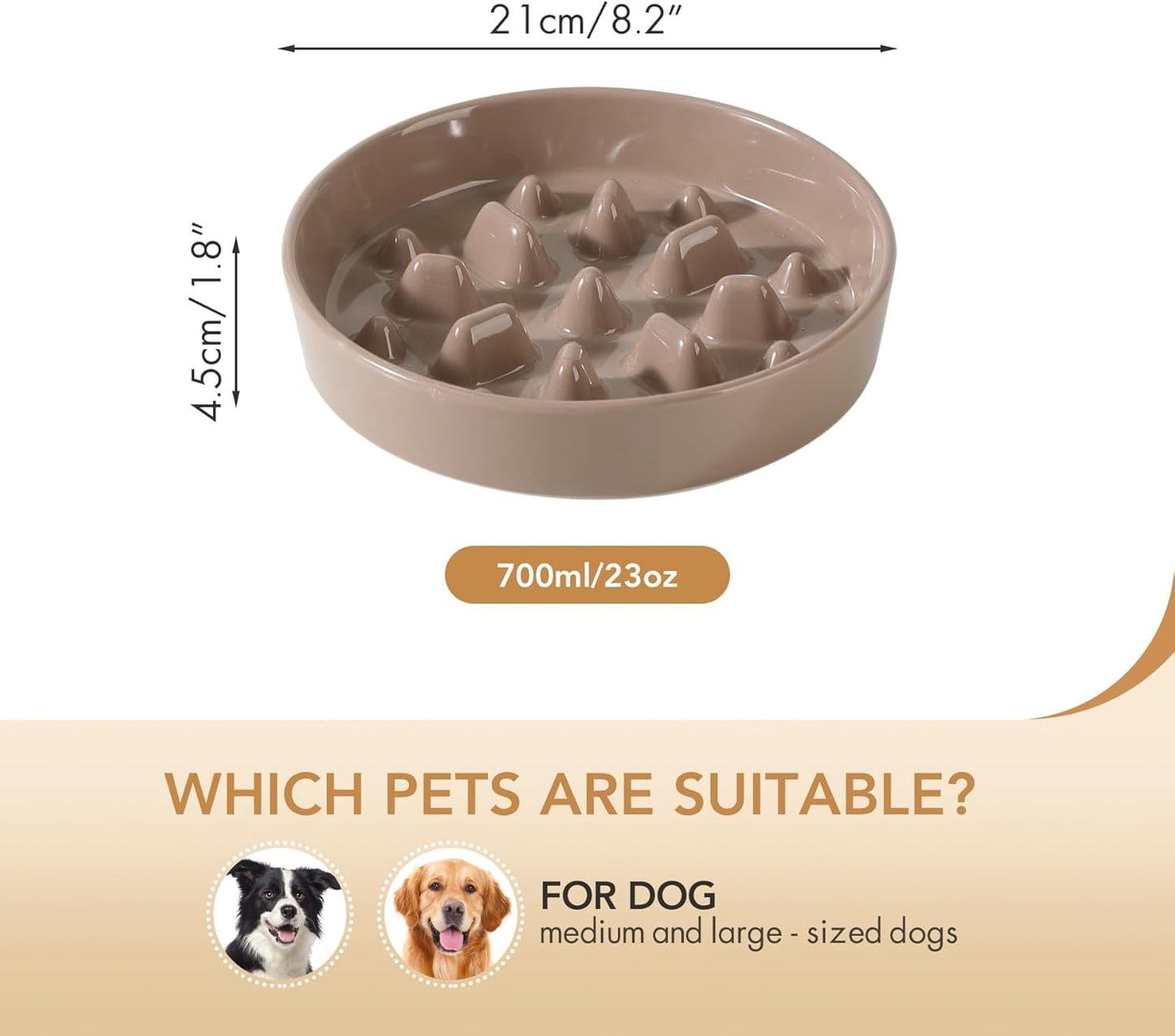 Ceramic 8.2 inch Dog Bowl Slow Feeder, Slow Pet Food Dish for Medium and Large Dog, Stop Bloat, Preventing Choking(Single Bowl, Brown Coffee)