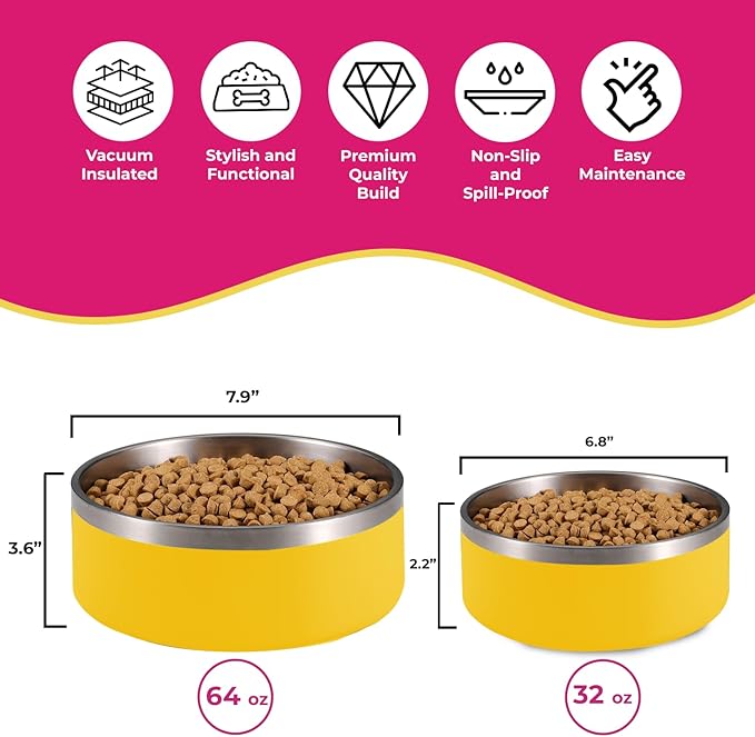 Dog Bowl, Non-Slip Stainless Steel Pet Bowl with Vacuum Insulated Design, Keeps Water Cool, Easy to Clean, Modern Style, 64 oz, Yellow