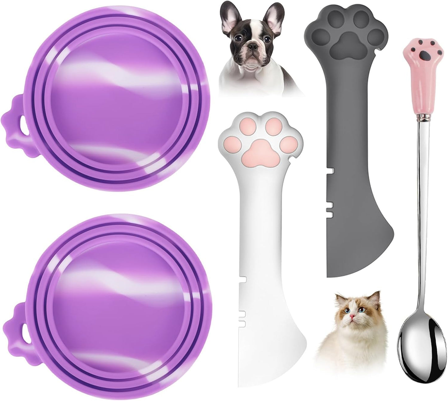 Comtim 5 PCS Pet Food Can Lids & Spoons Set - Silicone Dog Cat Food Can Covers Lids Top/Multi-Function Cat Food Spoon Spatula Can Opener for Wet Food/Long Handle Spoon Easy to Scoop Food