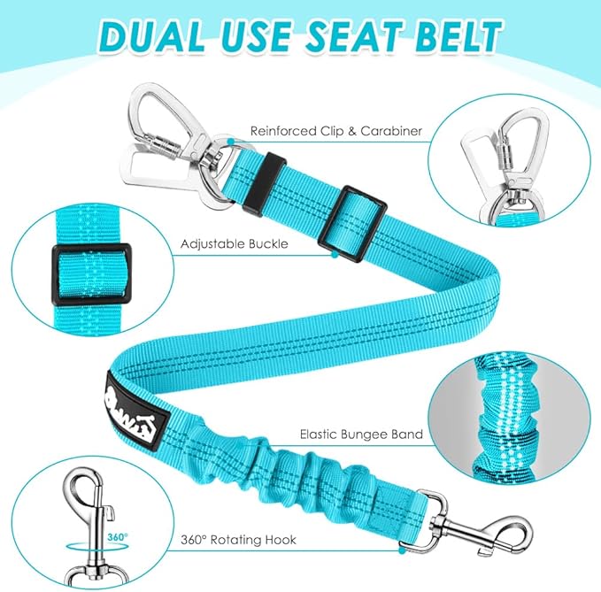 Lukovee Dog Seat Belt for Car, Adjustable Dog Car Harness for Large Medium Small Dogs, Soft Padded & Breathable Mesh Dog Seatbelt with Car Strap and Carabiner(Light Blue Double Clip,X-Small)
