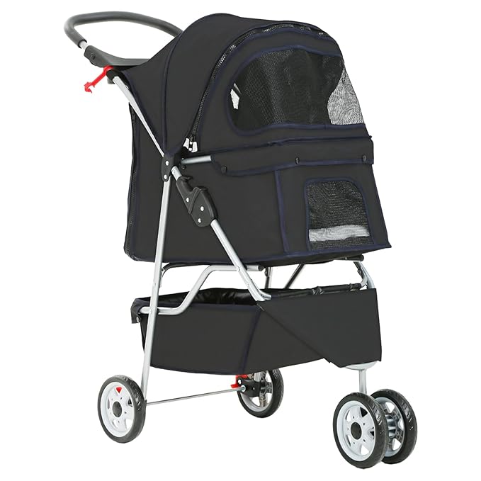 Pet Stroller Dog Stroller Portable Travel 3 Wheel Foldable Cat Stroller with Storage Basket and Cup Holder for Small and Medium Cats,Dogs,Puppy,Black