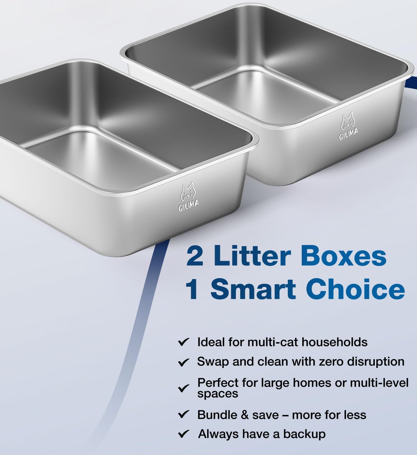 2 Packs Stainless Steel Cat Litter Box, 17.5" L×13.6" W×5.9" H, Metal Kitty Litter Box with High Sided for Small Cats, Non-Stick, Easy to Clean, Odor-Free