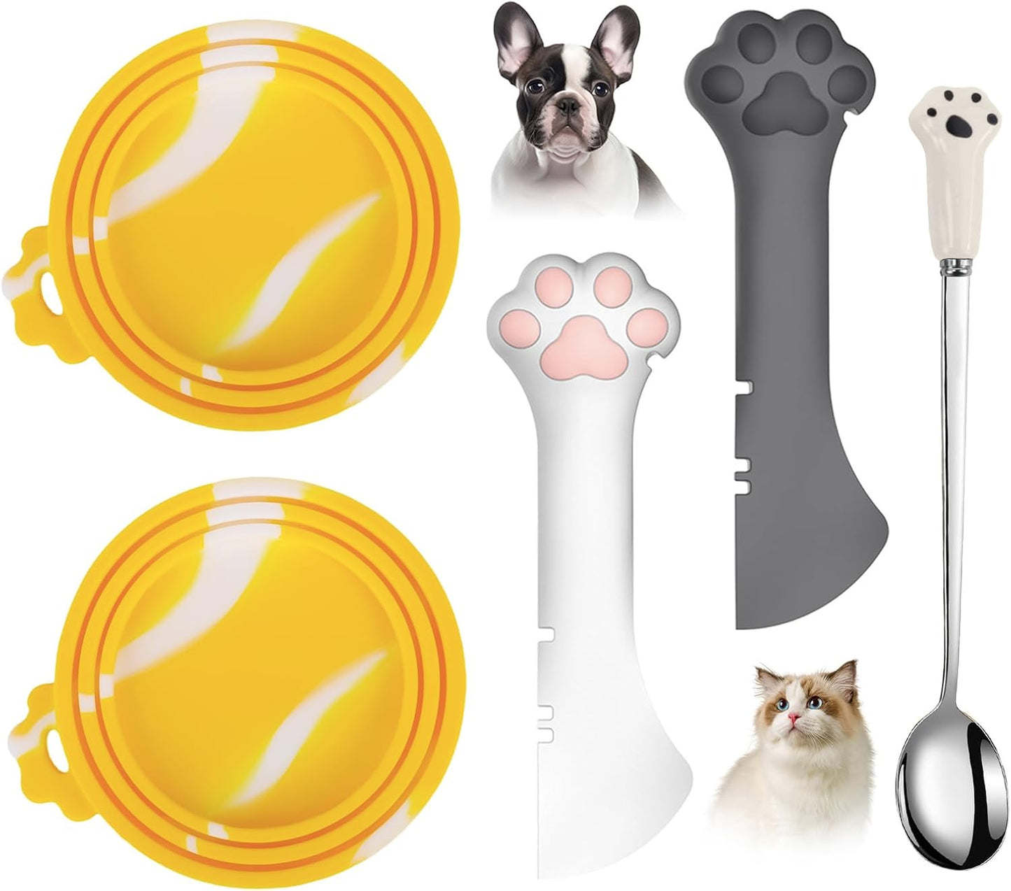 Comtim 5 PCS Pet Food Can Lids & Spoons Set - Silicone Dog Cat Food Can Covers Lids Top/Multi-Function Cat Food Spoon Spatula Can Opener for Wet Food/Long Handle Spoon Easy to Scoop Food