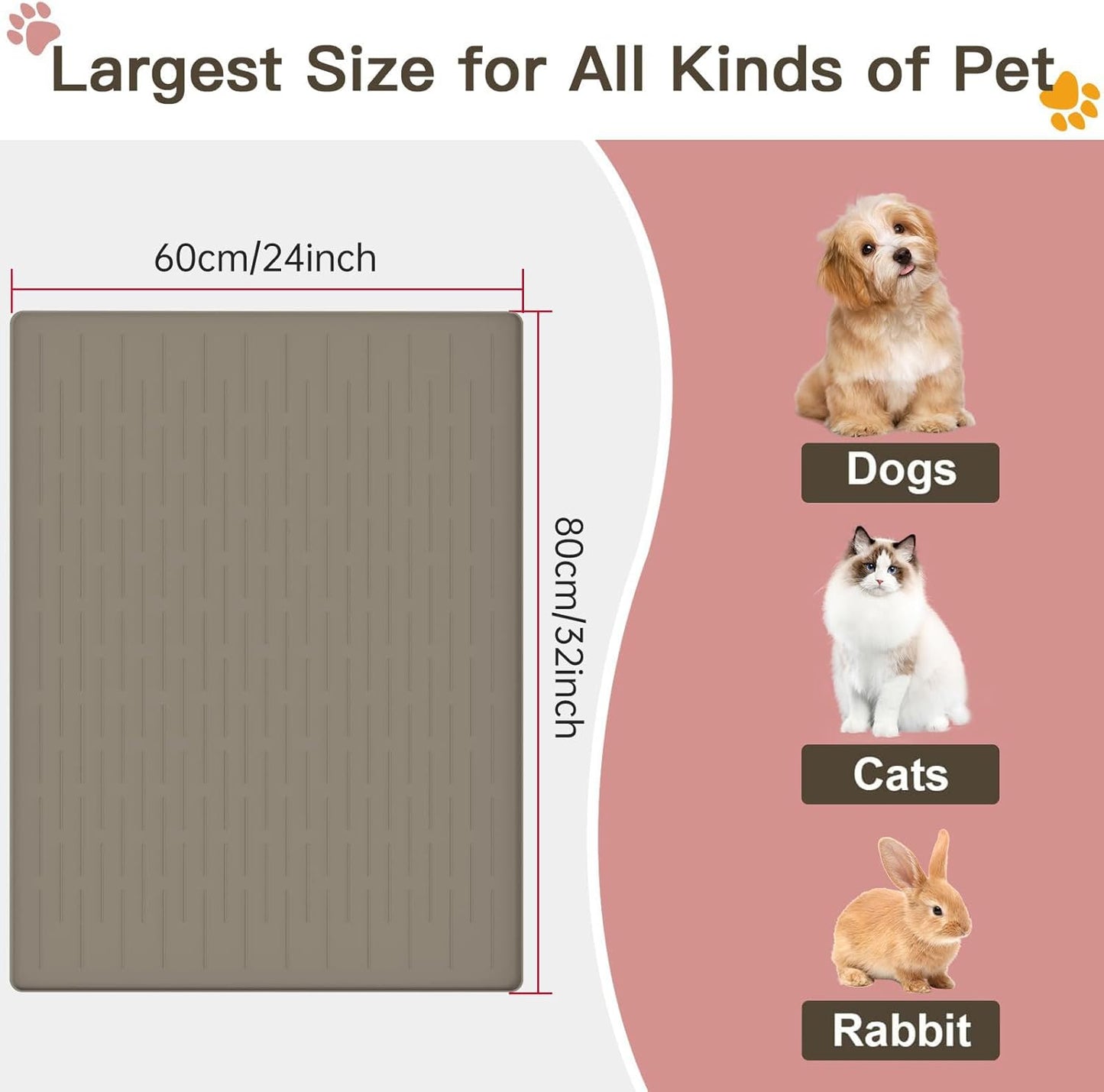 Large Dog Mats for Food and Water, 32"x24" Waterproof Pet Food Mats for Floor Nonslip Silicone Bowl Mats with Raised Edges