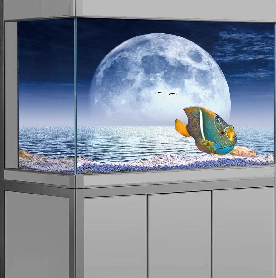 Moon Aquarium Background,Cool Sea Galaxy Parallel Space Themed Fish Tank Background, Cool Terrarium Background 36X24IN with 8 EVA Double-Sided Tape