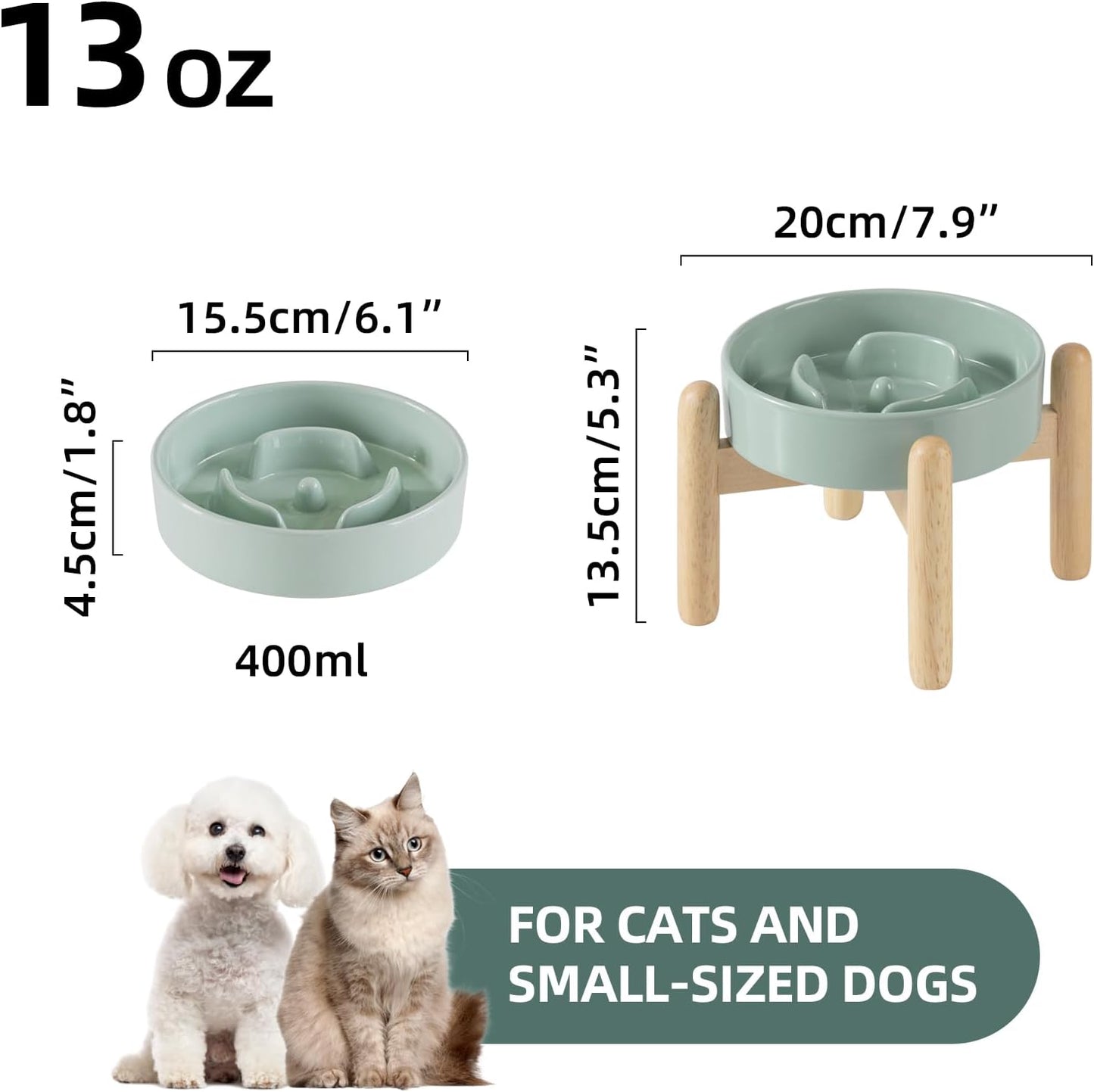 6.1inch Ceramic Raised Slow Feeder Dog Bowl Set, Elevated Wooden Stand for Small Dog and Cat, Puzzle Slow Dish, Preventing Choking(Light Green, Single Bowl+ Stand)
