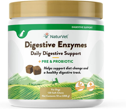 NaturVet – Digestive Enzymes - Plus Probiotics & Prebiotics – Helps Support Diet Change & A Healthy Digestive Tract – for Dogs & Cats (Soft Chews, 120 Count)