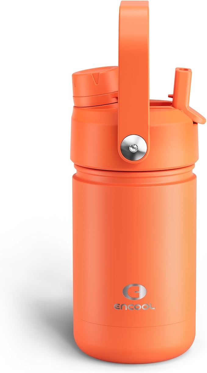 Kids Insualated Water Bottle with Straw - 12oz Stainless Steel Water Bottle with Dual Spouts, Leak-Proof, BPA-Free, Double Wall Vacuum Keeps Cold for 24 Hours for Sports, Travel (Moderate Orange)