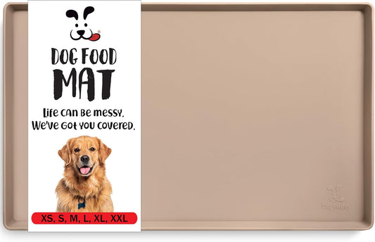 DogBuddy Dog Food Mat – Waterproof Dog Bowl Mat for Food and Water, Silicone Pet Feeding Mats for Floors, Non-Slip Placemat with High Edges for Dogs Bowls, Puppy Essentials (Small: 19"x12", Taupe)