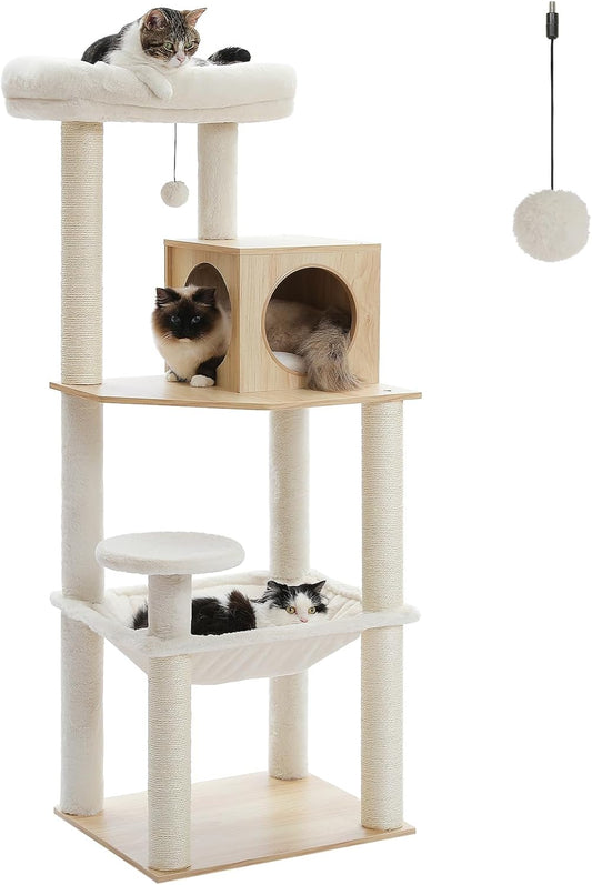 PETEPELA Wood Cat Tree for Indoor Cats Multi-Level Tower with Sisal Covered Scratching Posts, Cozy Condo, Super Large Hammock and Plush Perches Faux Rabbit Milk Fur Beige Rabbit Fur Wood Beige