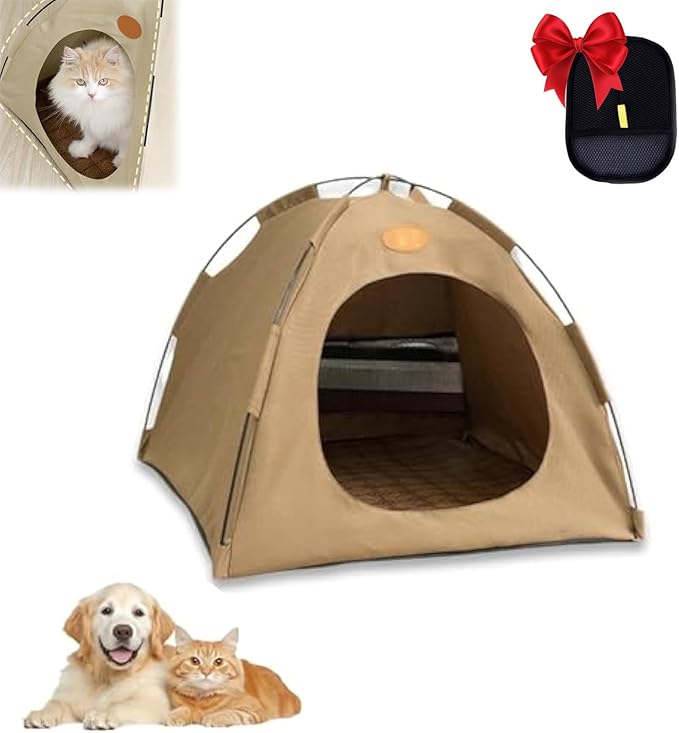 BreezyDen Pop-Up Pet Tent – Portable Indoor/Outdoor Cat Tent, Waterproof Pet Hideaway for Cats & Small Dogs with Mesh Window, Anti-Slip Base & Washable Design (Coffee, S (4 catties Kitten))