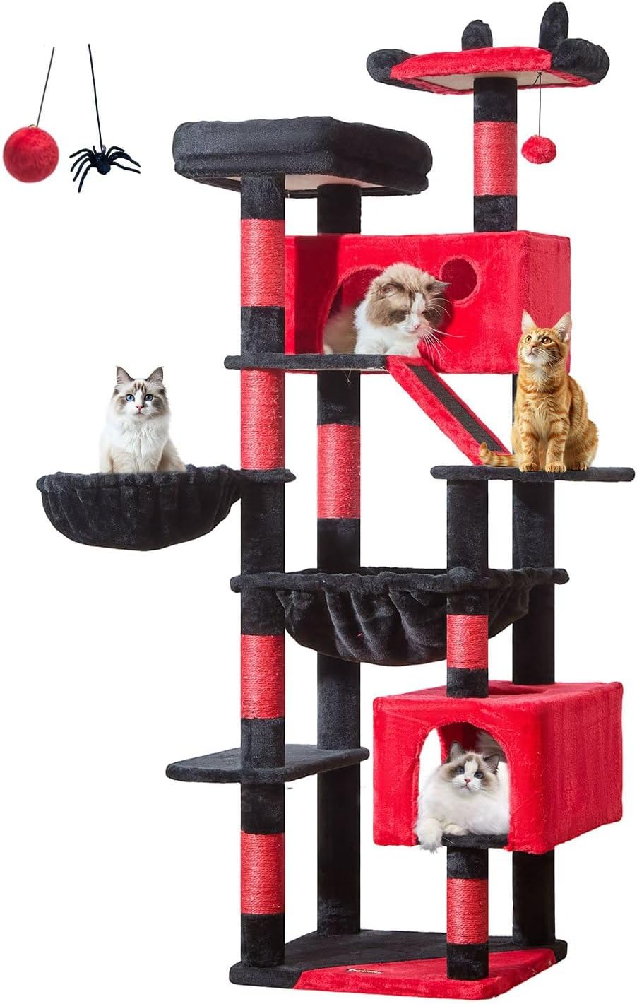 Taoqimiao Gothic Cat Tree 71-Inch, Cat Tower for Indoor Cats Large Adult, Large Cat Condo, 8 Sisal Scratching Posts, Metal Frame Cozy Hammock, Scratch Board, 2 Perches, Black and Red MS026LBR
