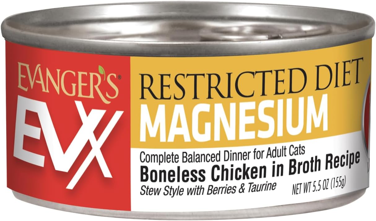 Evanger’s EVX Restricted Diet Magnesium Canned Cat Food – 24 Count, 5.5 oz Cans Each – Boneless Chicken in Broth with Berries – Grain Free, Limited Ingredients, Stew Style